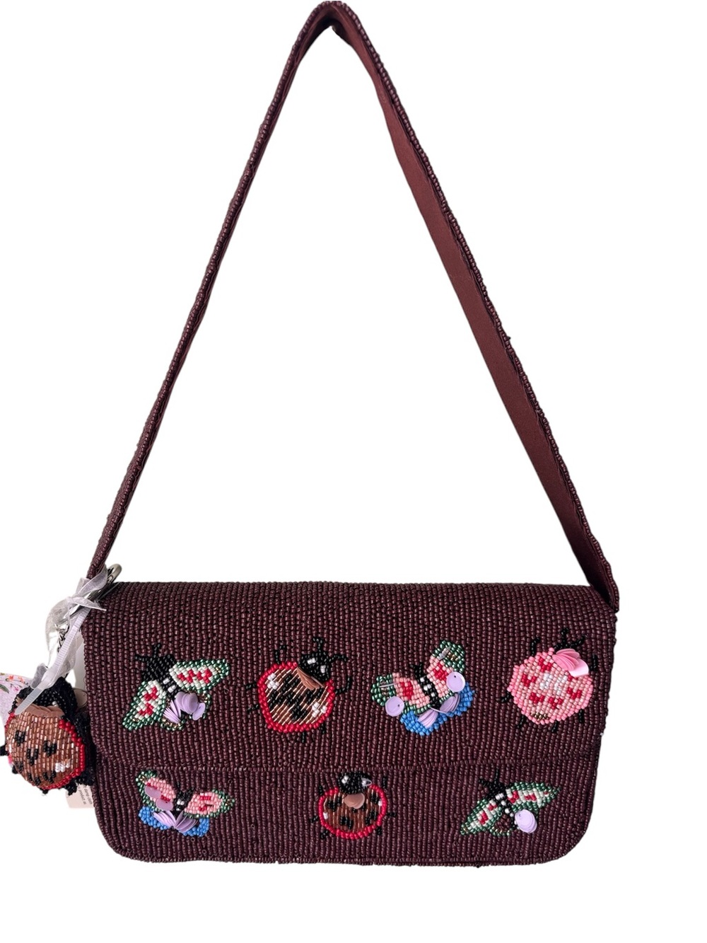 Viral Brown Beaded Butterflies & Lady Bugs Shoulder Bag with Charm